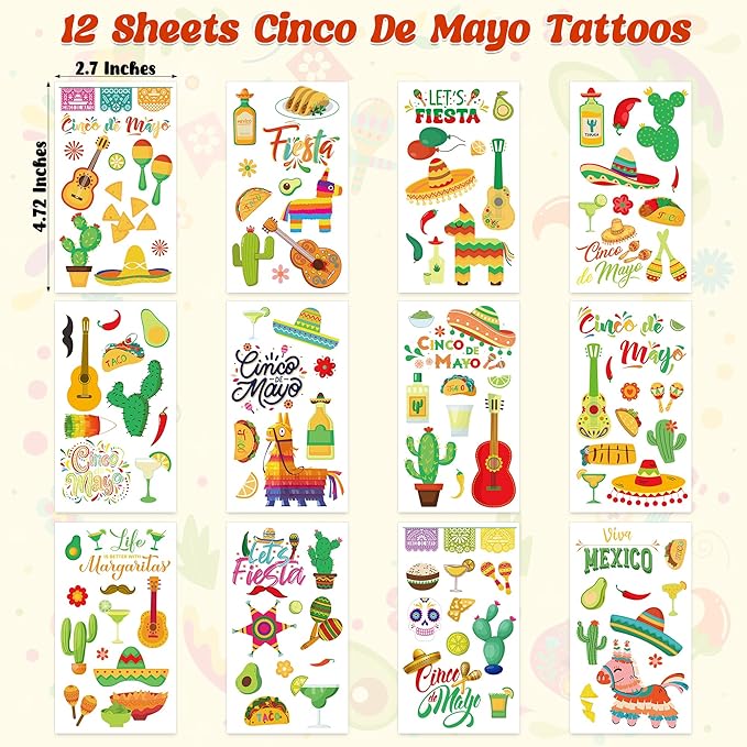 127 Pcs Cinco De Mayo Temporary Tattoos, 12 Sheets Metallic Fiesta Fake Tattoos for Cinco De Mayo Party Favors, Cactus Mexican Themed Tattoo for Mexican Fiesta Party Decorations Supplies Gifts Prize