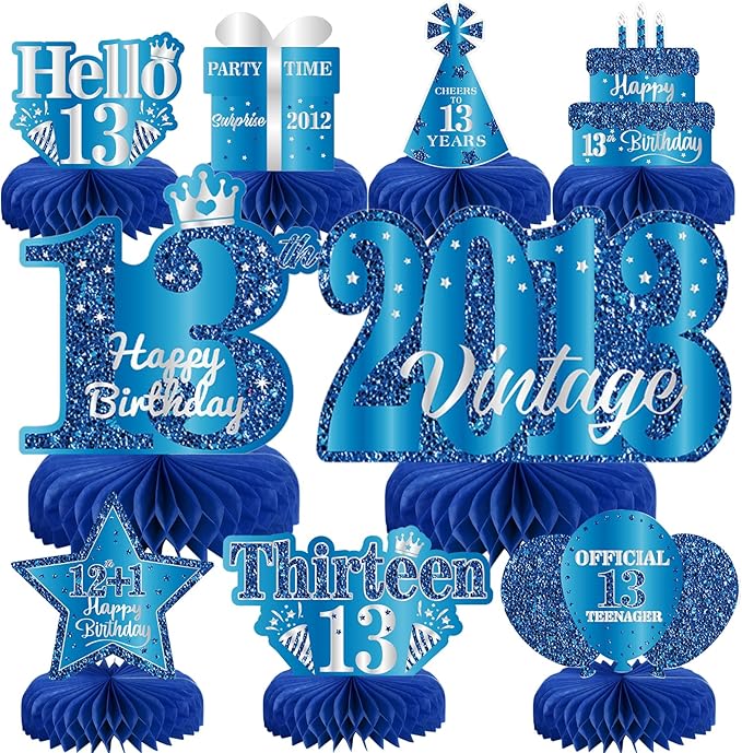 9Pcs 13th Birthday Decorations Blue Silver 13th Birthday Party Decorations for Teens Boys Girls,Happy 13 Years Birthday Honeycomb Centerpieces Table Sign Decor Supplies