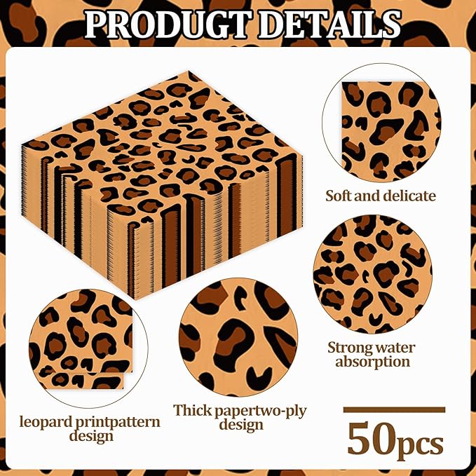 50PCS Leopard Party Napkins, Leopard Theme Birthday Napkins Disposable Cheetah Party Supplies for Parties Bridal Baby Shower Wedding Restaurant