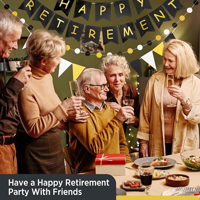 Happy Retirement Banner Assembled GAGAKU Black and Gold Retirement Party Decorations Supplies Kit Gold Glitter Paper Pennant Banner for Men Women Office Farewell Party