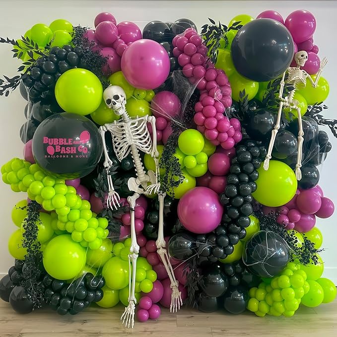160 Pcs Halloween Balloon Garland Arch Kit, Halloween Birthday Decorations with Black Purple Green Eyeball Metallic Latex Balloons 3D Bats Spider Web for Indoor Outdoor Scary Ghost Party Decorations