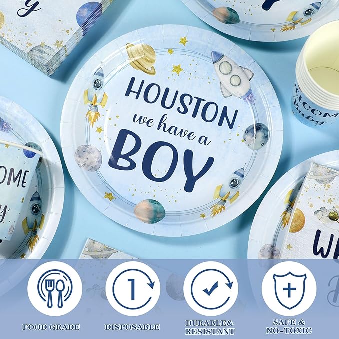 Hushee 200 Pcs Outer Space Baby Shower Paper Plates Napkins Cups Baby Shower Party Supplies Tableware Set Disposable Cup Napkin for 50 Guest Party Decoration