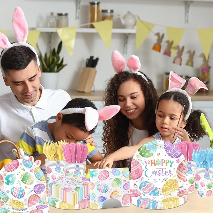 Easter Paper Plates and Napkins Sets, Easter Eggs Party Tableware include Watercolor Easter Egg Paper Plates and Napkins Disposable for Easer,Spring Themed Birthday Party Supplies,Serve 24