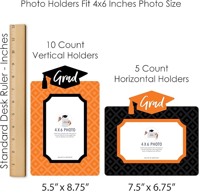 Orange Grad Graduation Photo Display Centerpiece Kit - 15 Double-Sided Photo Table Topper Sticks, Vertical and Horizontal 4x6 Picture Holders, DIY Party Decoration Set