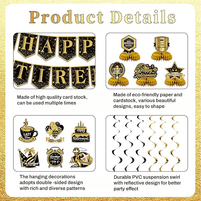 12Pcs Retirement Party Decorations for Men Women Black Gold Happy Retirement Banner Honeycomb Centerpiece Swirls Party Supplies Retired Farewell Party Set Work Graduation Party Decorations