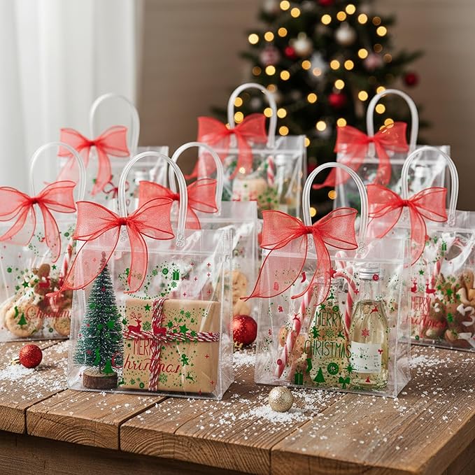 Henoyso 12 Pcs Christmas Clear Gift Bags Plastic Candy Treat Goodie Bags Red Foil Santa PVC Wrap Totes with Handles and Ribbon Xmas Party Favors (Merry Christmas,7.8 x 7.8 x 3.1 Inch)