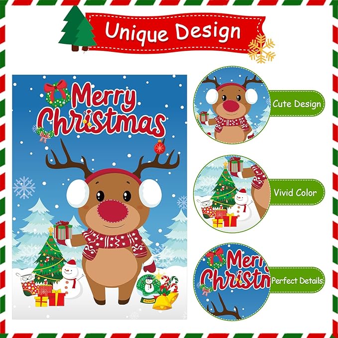 AUGSUN Pin The Nose on The Reindeer, Large Christmas Reindeer Poster Games Xmas Activities Winter Holiday Party Games for for Kids Adults Friends and Family Christmas Party Favors