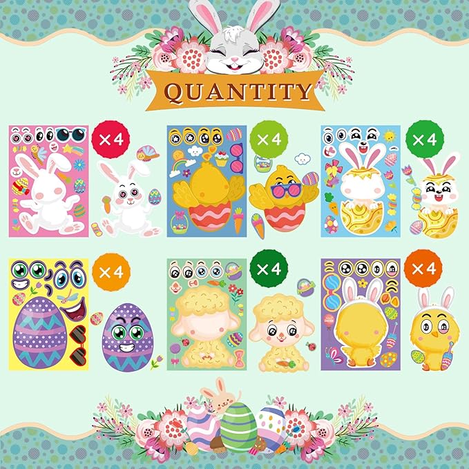24 PCS Easter Make a Face Stickers for Kids with Chick Bunny Sheep Egg Pattern, Make Your Own Sticker, Easter Stickers for Kids Activitie Party Supplies Exchange Gifts