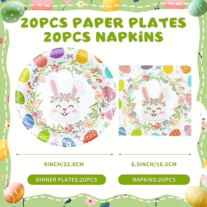 Easter Plates and Napkins Set for 20 Guests - 40 Pcs Disposable Easter Dinnerware, 9 Inch Colorful Egg & Bunny Floral Paper Plates 20pcs and Napkins 20pcs for Dinner, Spring Party Decorations