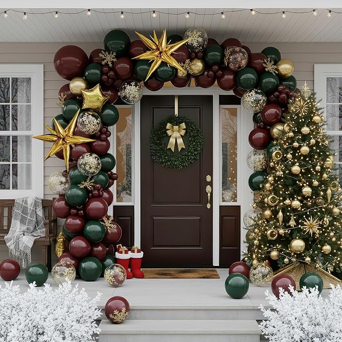 Winter Christmas Garland decorations with Maroon Hunter Green Gold confetti Balloon arch & Foil Star balloons & Artificial Snowflake Xmas Garland for wine red friendsmas new year party decorations