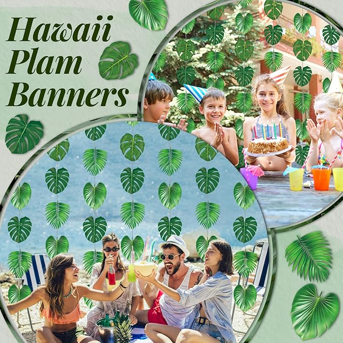 Xinnun Tropical Garland Party Decorations Palm Leaves Garland Banners Green Hawaiian Luau Leaf Hanging Decor for Summer Beach Pool Jungle Baby Shower Birthday Party Supplies