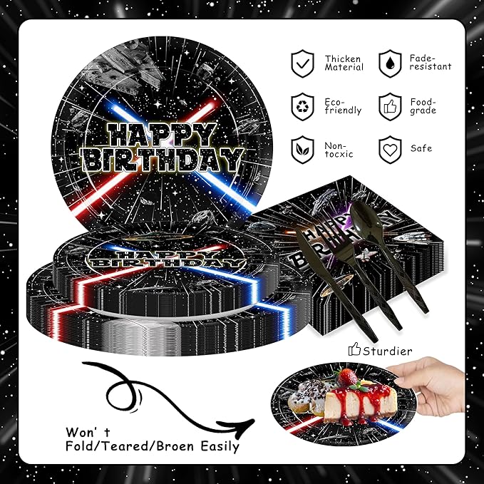 168pcs Galaxy Birthday Party Plate Napkin Disposable Tableware Set Paper Cup Black Forks Space Theme Decorations for Birthday Party Supplies Serve 24 Guests