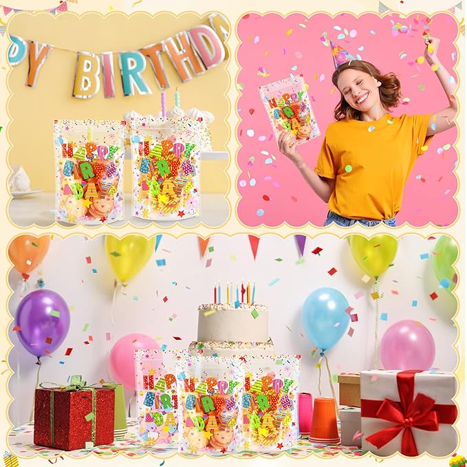 Fuutreo 50 Pcs Happy Birthday Bags Plastic Birthday Sealed Pouches Resealable Colorful Balloons Bags Party Favor Pouches for Home Candy Small Gift Party Wrapping Supplies Decoration