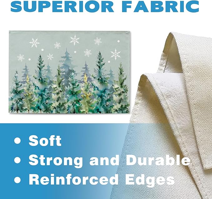 Winter Pine Tree Placemats Set of 4, Watercolor Forest Snowflake Dining Place Mats Table Decor, Christmas Woodland Seasonal Home Kitchen Decoration 12 x 18 Inches
