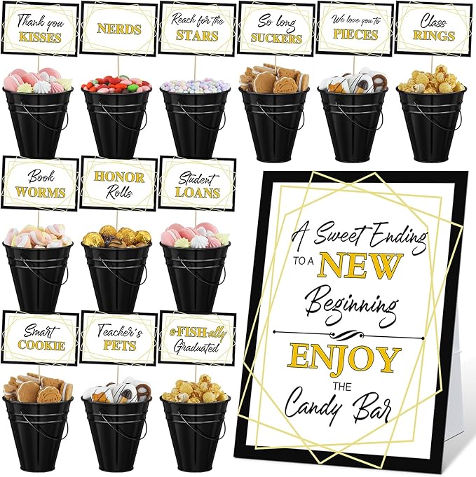 12 Set 2026 Graduation Candy Buffet Party Decoration Graduation Table Candy Bar Snack Labels Signs and 5'' Buckets with Handle for Class of 2026 Party Parties Supplies(Striped Style,Black)