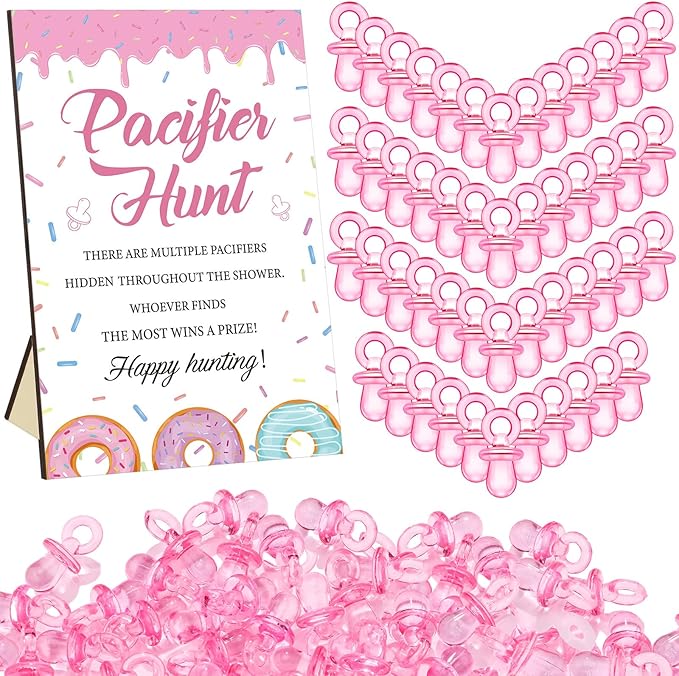 Thyle 51 Pcs Donut Baby Sprinkle Decoration Pacifier Hunt Sprinkled with Love Donut Baby Shower Games Pink Themed Hunt Sign and 50 Acrylic Pacifiers Sets for Gender Reveal Party Favors Guest Supplies