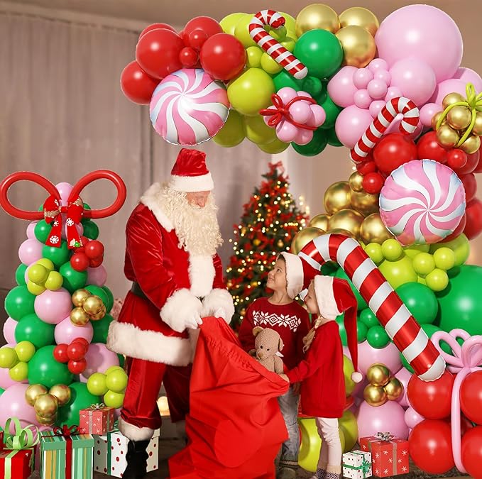 Christmas Balloon Arch Garland Kit, 123Pcs Long Green Red Paster Pink Gold Xmas Balloons with Candy Cane Foil Balloon for Merry Christmas Holiday Birthday Baby Shower Winter New Year Party Decorations