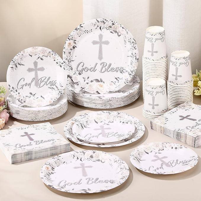 Pickmesh 250 Pcs Silver God Bless Baptism Tableware Set First Holy Communion Baptism Disposable Cross Floral Paper Plates Napkins and Cups for Christening Celebration Baby Shower Religious Supplies