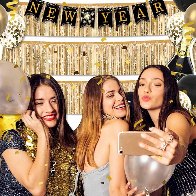 3 Pack 10 Ft Champagne Gold Foil Fringe Garland Metallic Streamers Tinsel Banner Wall Hanging Garland Backdrop for Parade Floats, Halloween, Christmas, Thanksgiving, New Year Party Decorations