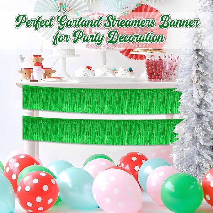 3 Pack 10 Ft Green Foil Fringe Garland Metallic Streamers Tinsel Banner Wall Hanging Garland Backdrop for Parade Floats, Halloween, Christmas, Thanksgiving, New Year Party Decorations