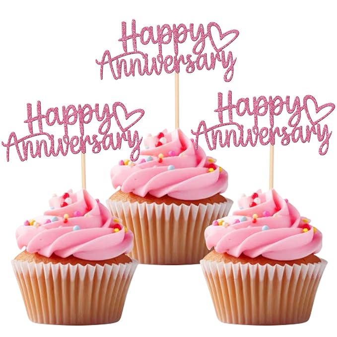24 PCS Happy Anniversary Cupcake Toppers Glitter Wedding Anniversary Cupcake Picks Anniversary Theme Cupcake Decorations Baby Shower Birthday Wedding Anniversary Party Cake Decorations Supplies Pink