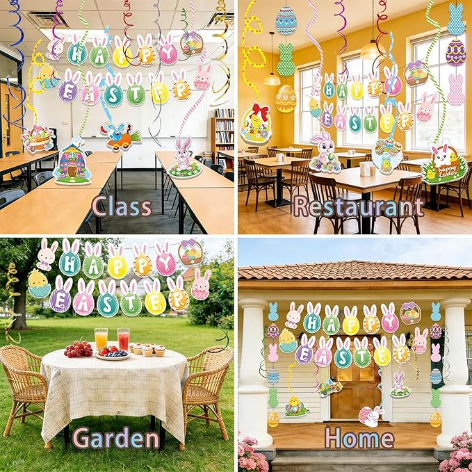 45 Pcs Happy Easter Banners Garland Easter Decorations for Office Home School Classroom Bunny Egg Hanging Decor Supplies for Egg Hunt Party Favors