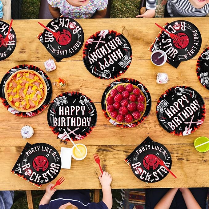 96 Pcs Rock and Roll Birthday Party Decorations Guitar Music Rock Plates and Napkins Tableware Favors for Men Boys Musical Rock N Roll Birthday Party Baby Shower Party Supplies, Serves 24