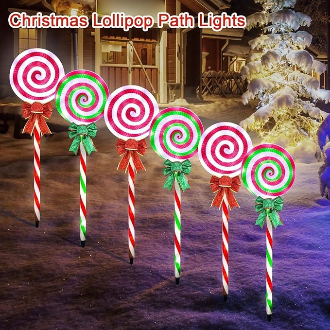 6 PCS Christmas Pathway Lights Outdoor Decorations, 28 Inch Lollipop Walkway Stake 8 Lighting Modes Flickering Candy Marker Waterproof Outside Christmas Decor for Garden Yard Lawn (Red Green)