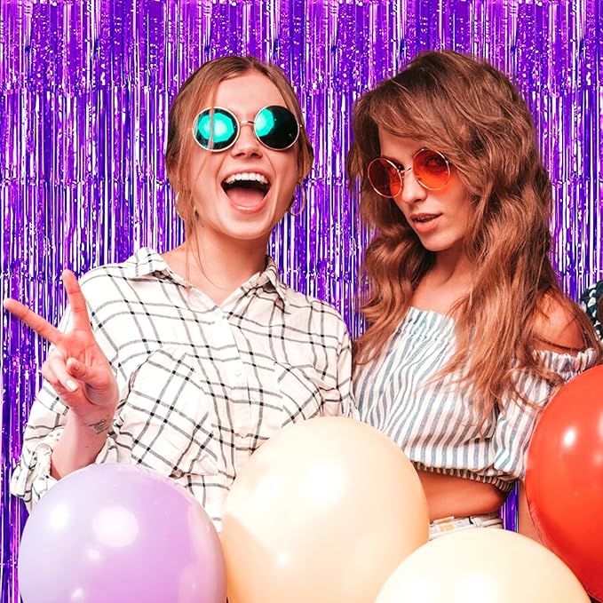 3 Pack Purple Foil Fringe Curtain Backdrop, 3.28Ft x 6.6Ft Metallic Tinsel Foil Fringe Streamer Curtains for Photo Booth, Christmas Day, Thanksgiving, Wedding, New Year Party Decorations