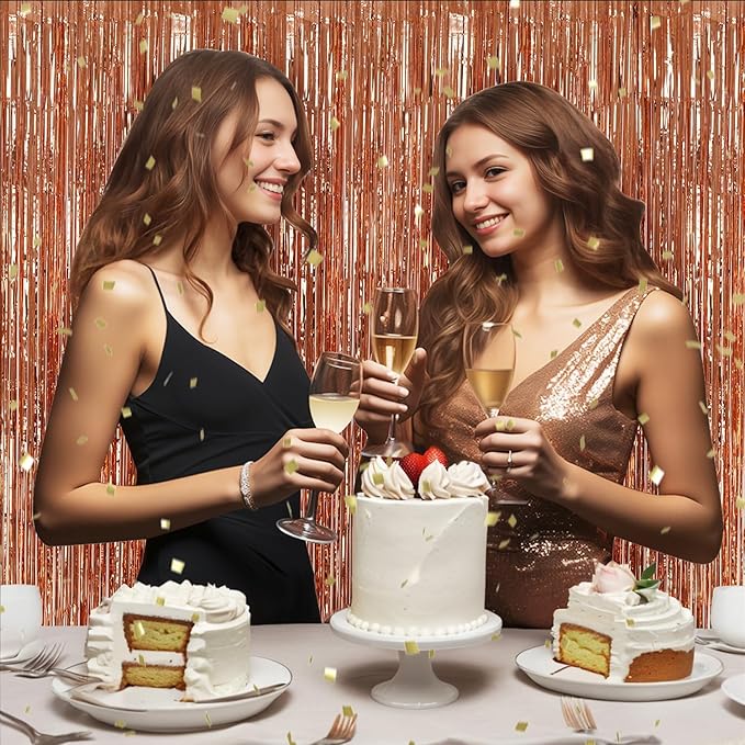 2 Pack Foil Fringe Backdrop - Rose Gold Shiny Tinsel Curtains for Party Decoration/Photo Booth Props - 3.3x6.6 FT Metallic Foil Backdrop for Birthday, Wedding, Graduation, Christmas.