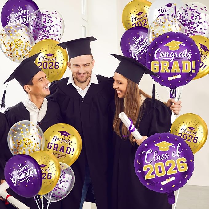 Purple and Gold Graduation Balloons Graduation Decorations 2026, 51Pcs Grad Latex Balloons and Grad Foil Balloon with Confetti Ribbons Grad Party Decorations for College High School