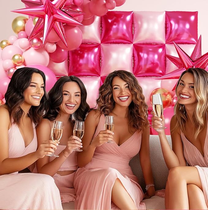 Metallic Magenta Hot Pink Flat Square Foil Balloons Backdrop Wall, Double Sided Tunnel with Latex Pink Balloon Arch Garland Kit for Valentine's Day Anniversary Bridal Wedding Birthday Party Decoration