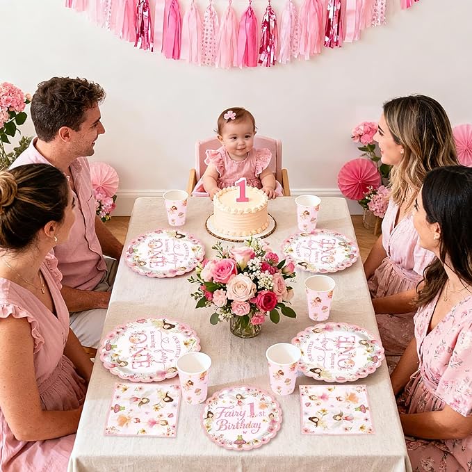 168 Pcs Fairy First Birthday Party Decorations Floral Fairy 1st Birthday Scalloped Plates Napkins Cups Forks Knives Spoons Pink Flowers Tableware Set for Girls One Year Old Party Supplies Serves 24
