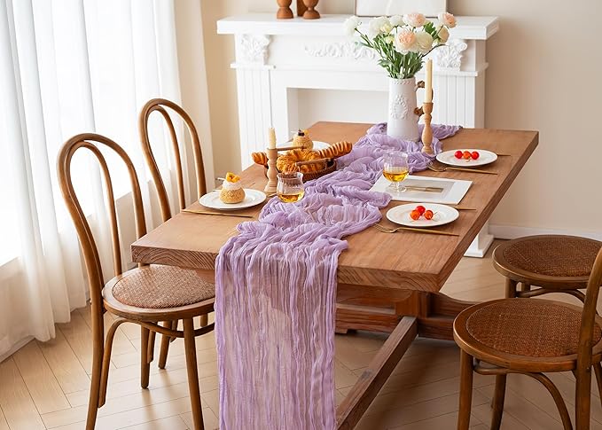 FEXIA 3 Pack Lilac Cheesecloth Table Runner 35x120 Inches for Baby Shower Decorations Spring Easter Table Runners for Wedding Party First Communion Centerpiece Engagement Bridal Shower Boho Decor