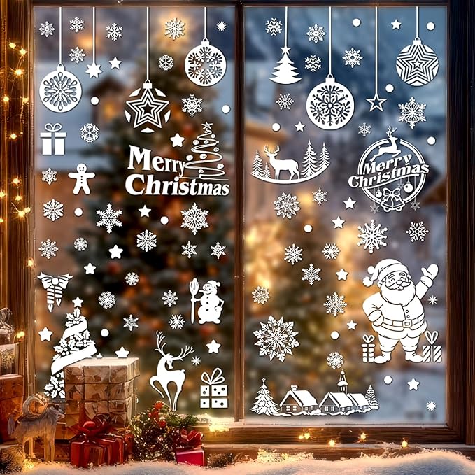 133 PCS Christmas Snowflake Window Clings Decoration, Christmas Window Stickers, Indoor Windows Decor, Holiday Decor, Xmas Party Decorations, Ornaments, Thanksgiving Party Décor, Winter Wonderland.