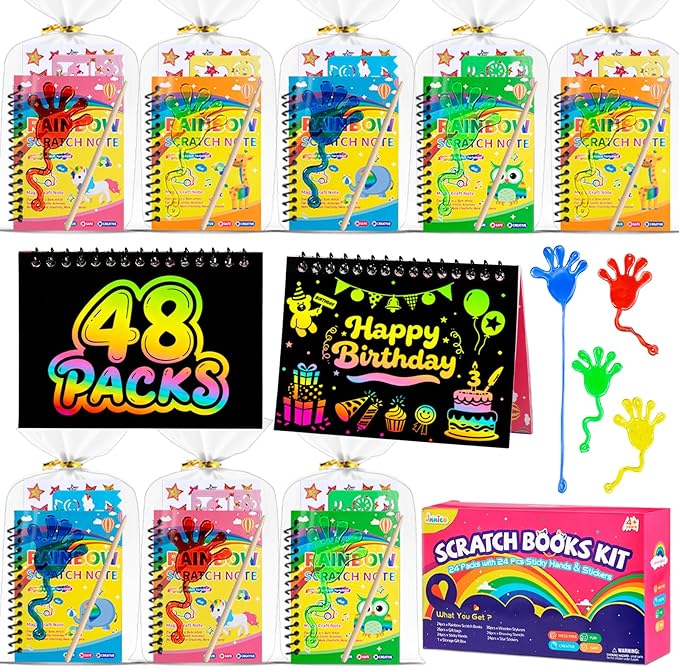 48*3 Packs Scratch Art Notebook+Sticky Hands+Stickers,Easter Party Favors for Kids 4-8-12,Return Gifts for Birthday Party Bulk Toys,Goodie Bags Stuffers, Classroom Prizes Students Gifts