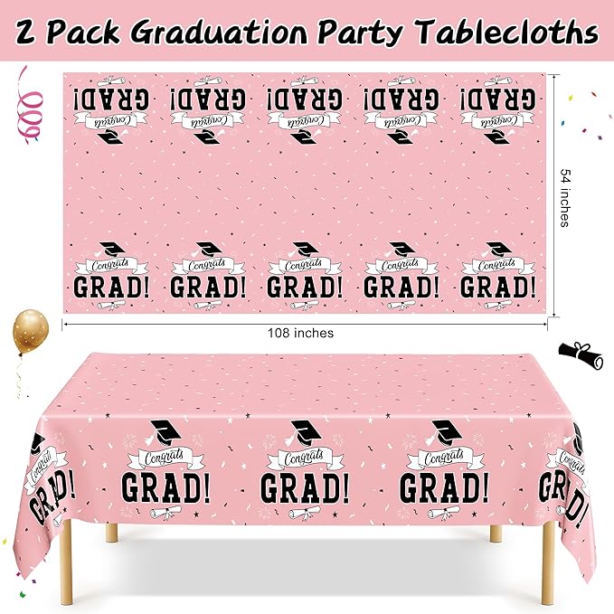 QZYL 2 PCS Graduation Tablecloth, 108" X 54" Pink Graduation Decorations 2026, Disposable Plastic Tablecover for Class of 2026 Congrats Grad, Rectangle Table Cloths for Grad Decor Party Supplies
