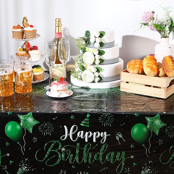 Tudomro 1 Pcs Happy Birthday Tablecloths Happy Birthday Party Decorations Plastic Table Cover Rectangular Cloths for Women Men Baby Shower Party Supplies, 108 x 54 Inch (Black Green)