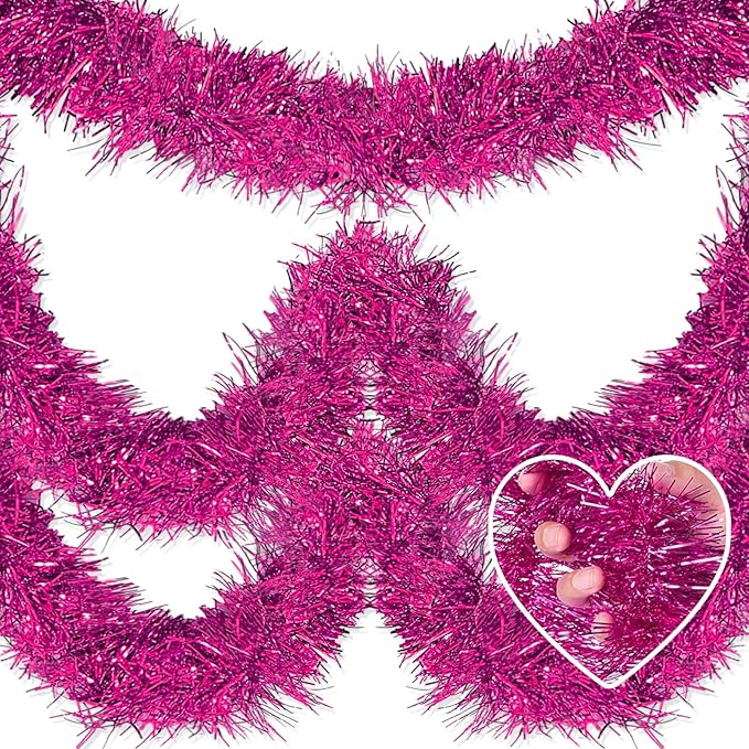 50 Feet Christmas Tinsel Garland, Metallic Twist Garland Wall Hanging Tinsel Garland Backdrop for Parade Floats, Carnival, Birthday, Wedding, New Year Party Decorations (Fuchsia, 2in x 50ft)