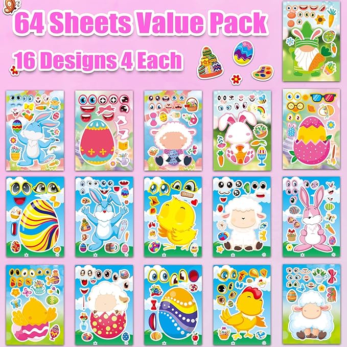 Aowplc 64 Sheets Easter Make a Face Stickers for Kids - 16 Cute Designs - Fun Party Favors, Crafts, Decorations & Basket Stuffers for Easter