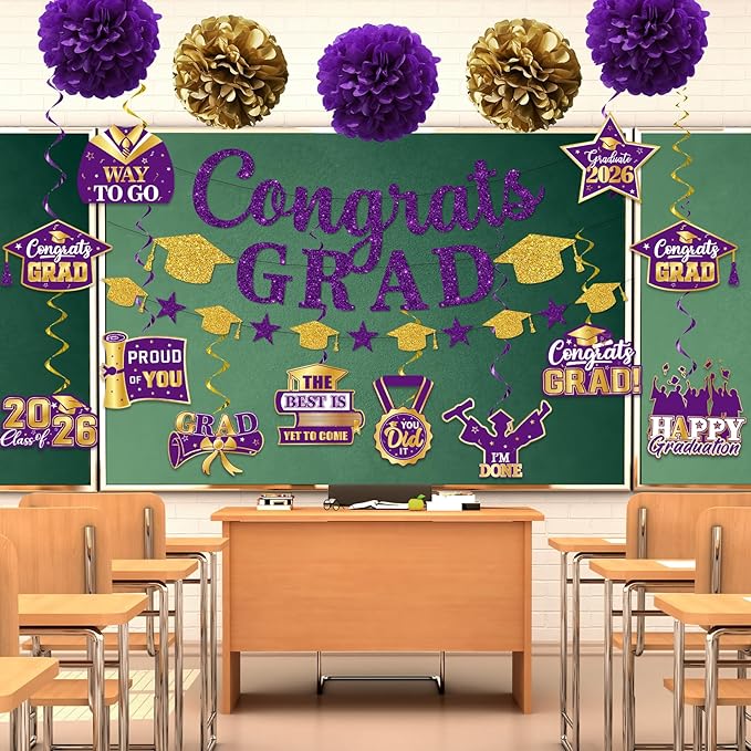 Purple Graduation Decorations, Glitter Congrats Grad Banner Hanging Swirls and Tissue Pom Poms, Purple and Gold Graduation Decorations for Class of 2026 College Graduations Party Decorations