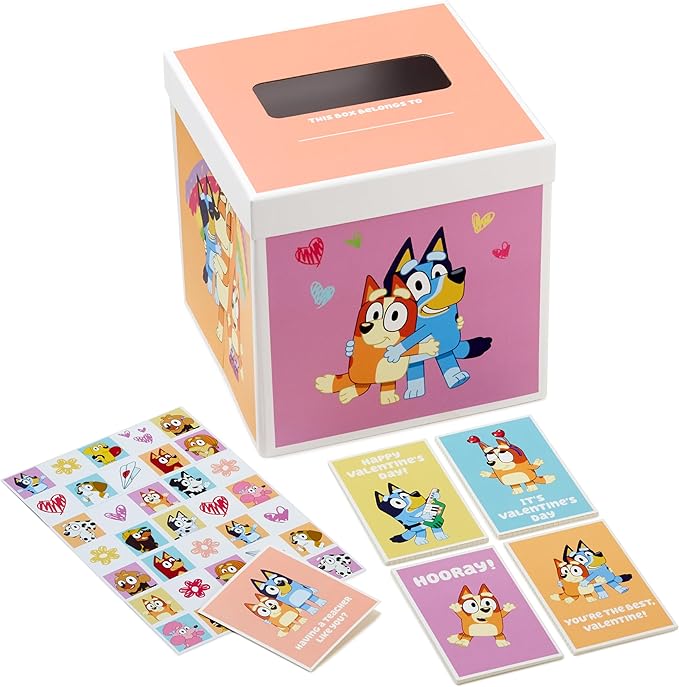 Hallmark Bluey Valentines Day Cards for Kids with Pop Up Mailbox for Classroom Exchange (1 Box, 32 Cards, 35 Stickers, 1 Teacher Card)
