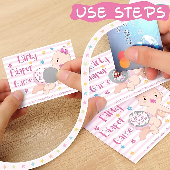 Geyee 60 Pieces Baby Shower Scratch off Game Funny Raffle Cards Baby Shower Party Games Decorations Cute Activity for Activity and Idea for Boy Girl(Pink)