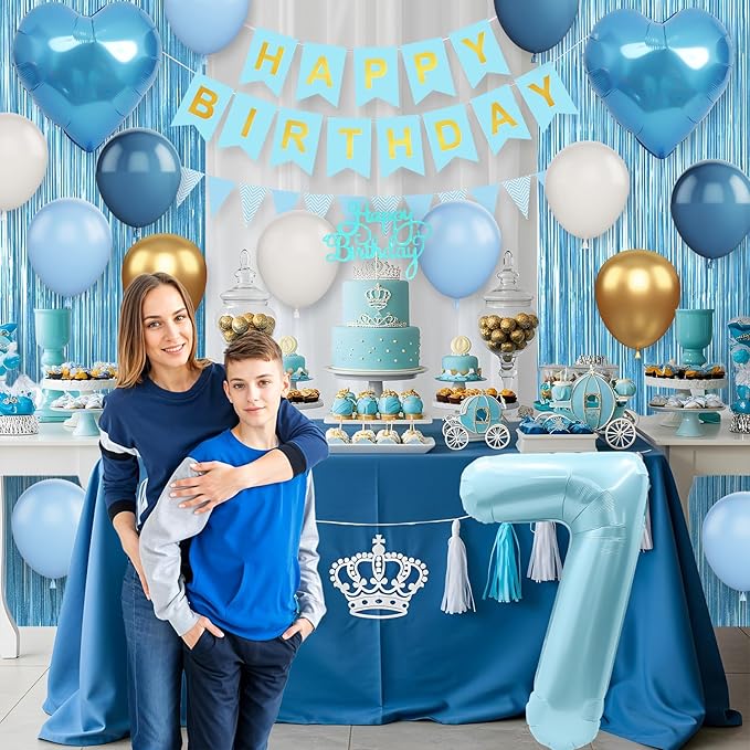 7th Birthday Decorations Blue White Gold,7th Birthday Balloons with Happy Birthday Banner Fringe Curtain Heart Foil Balloons for Boys Girls 7 Year Old Birthday Decor