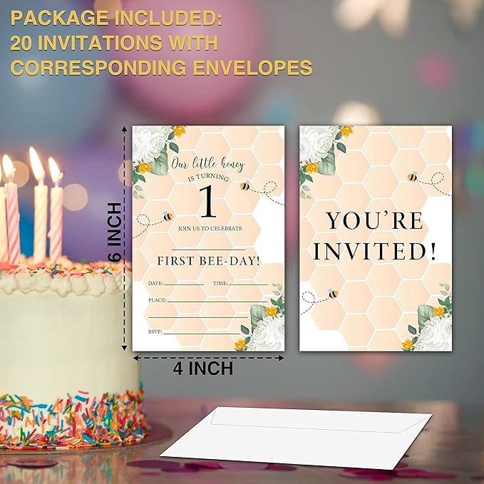 Honeycomb 1st Birthday Invitations Cards, 4"x 6" Honey Bee Birthday Party Invites with Envelopes for Party Decorations Supplies(20 Pieces) -D20