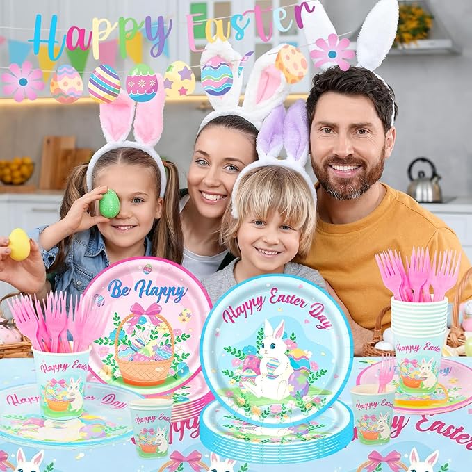 Easter Party Decorations Set, Bunny Easter Party Supplies with Banner, Plates, Napkins, Tablecloth, Cups and Forks, Pastel Easter Egg Theme Tableware Kit for 24 Guests