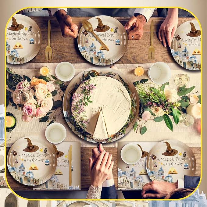 350 Pcs Magical Wizard Party Decorations Supplies A Magical Bundle Is On The Way Tableware Set Disposable Plates Cups Napkins Cutlery for Birthday Shower Wizard Party, Serve 50