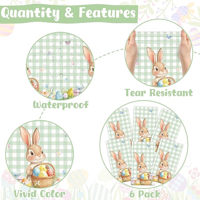 6 Pack Easter Tablecloth, 54" x 108" Disposable Easter Decorations Spring Tablecloth, Sage Green Bunny Plaid Easter Table Cloths, Rectangle Plastic Table Cover for Spring Party Decorations Supplies