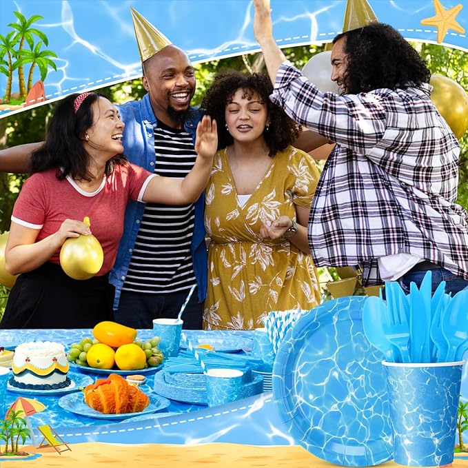 Ceenna 452 Pcs Ocean Waves Party Decorations for 50 Guest, Under The Sea Pool Paper Plates Napkins Cups Tablecloth Cutlery Straw for Summer Blue Ocean Water Beach Birthday Baby Shower Party Supplies