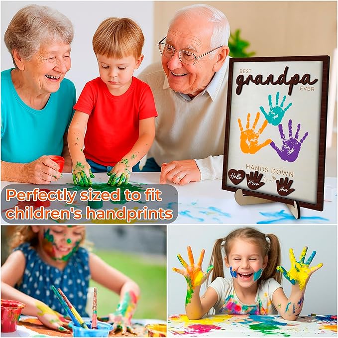 10" Hands Down Best Grandpa Ever DIY Handprint Kids Frame with Paints, Car Picture Holder, Photo Ornament, Fridge Magnet, Art Craft Family Keepsake Birthday Gift Father's Day for Pops, Papa HF610